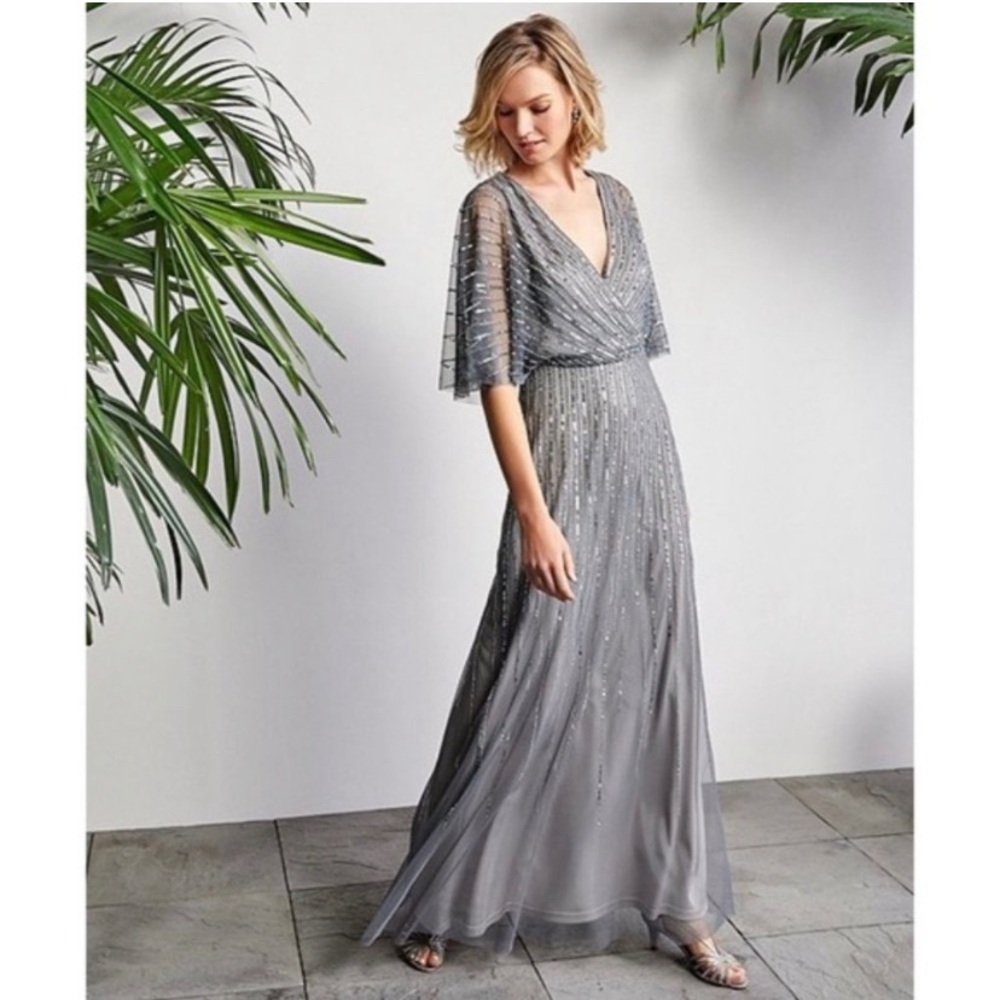Adrianna Papell Silver Sequined V-Neck Flutter Sleeve Evening Gown - Picture 3 of 16